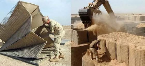 Hot Dip Galvanized Welded Rectangle Hesco Barrier Wall Dengan Kain Berwarna Brown / Green